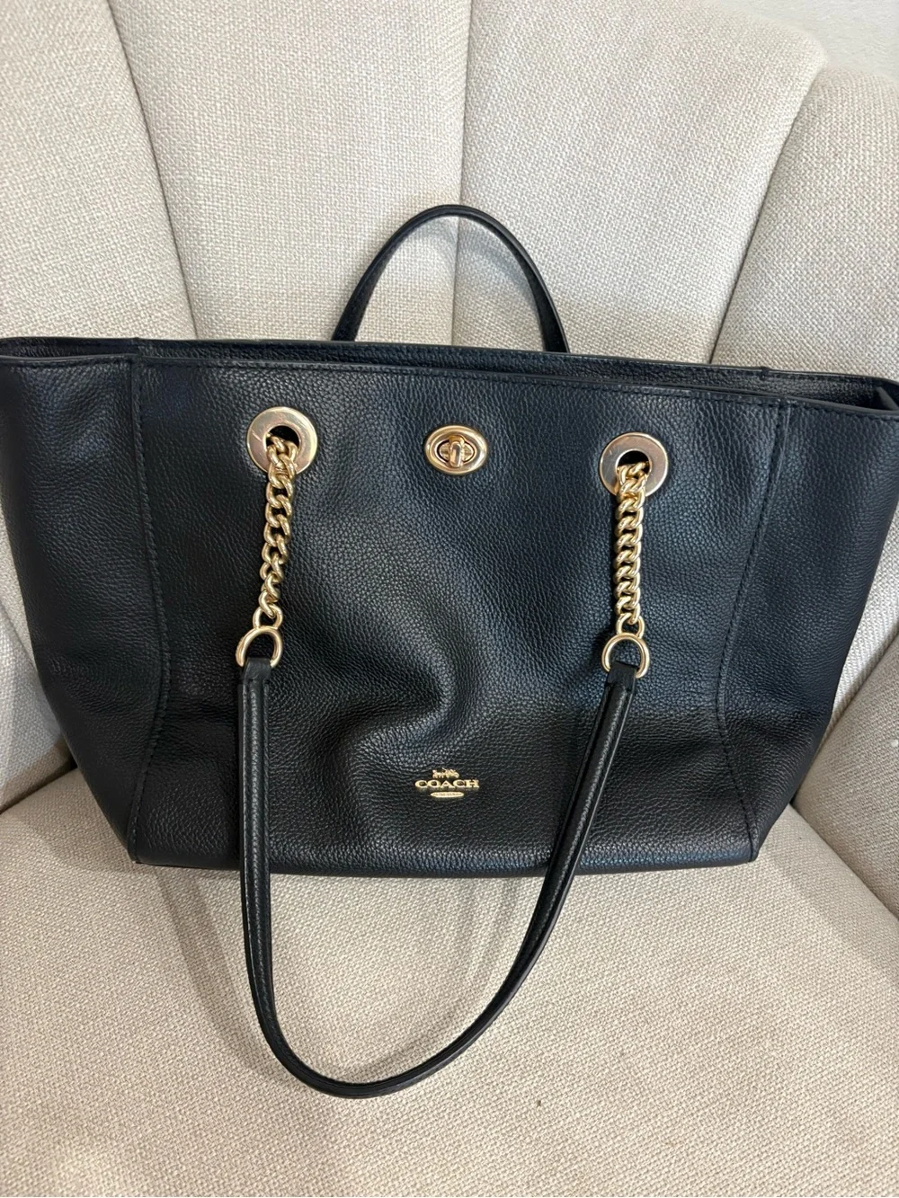 Coach Black Pebbled Leather Tote with Gold Chain Accents